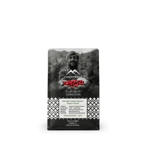 mango infused Yemeni coffee beans by Copperwood, premium infused Yemeni Select coffee bag with mango flavor