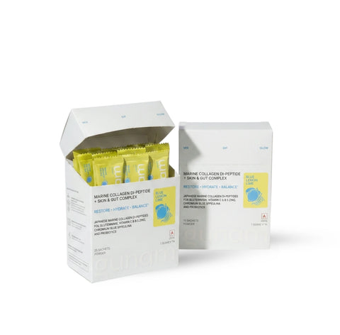 Gunam Marine Collagen Di-Peptide Skin & Gut Complex Blue Lemon-Lime 15 sachets with Japanese Wellnex marine collagen.