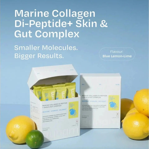 Gunam Marine Collagen Di-Peptide Skin & Gut Complex Blue Lemon-Lime 15 sachets with Japanese Wellnex marine collagen.