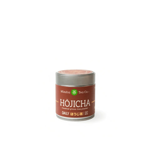 A small cylindrical tin of Mazauba Tea Co. Hōjicha (roasted green tea powder) on a clean white background.