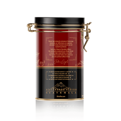 Ultra Premium Volcanic Limited Reserve Medium Roast Ground Coffee can featuring elegant branding and exclusive details.