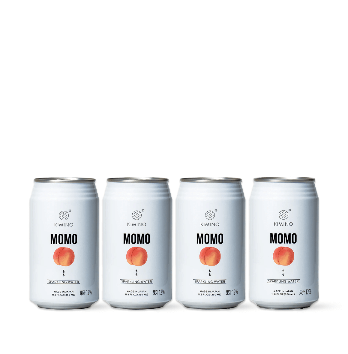 Momo Sparkling Water cans with Japanese white peach flavor, showcasing elegant design and natural ingredients.