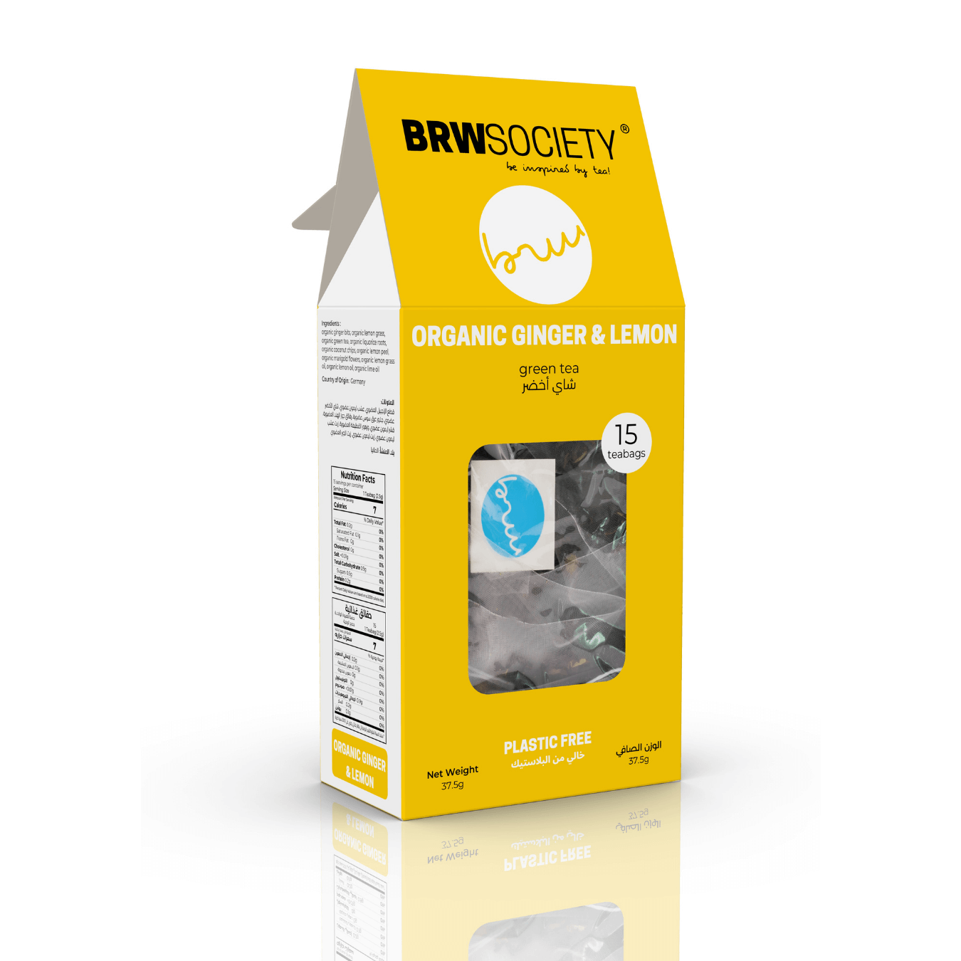 Organic Ginger & Lemon tea with lemongrass, lemon peel, ginger, and liquorice root, offering a sweet, spicy, and healing blend.