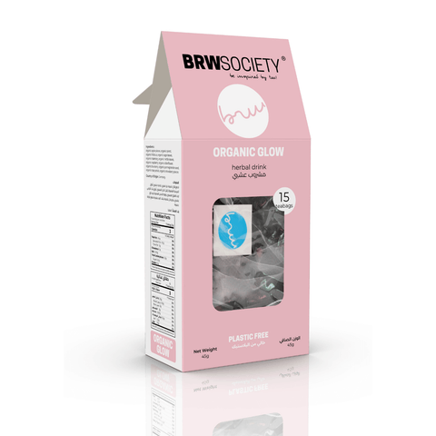 Organic Glow herbal tea, packed with antioxidants to hydrate and promote glowing skin, the best complexion tea for healthy skin.