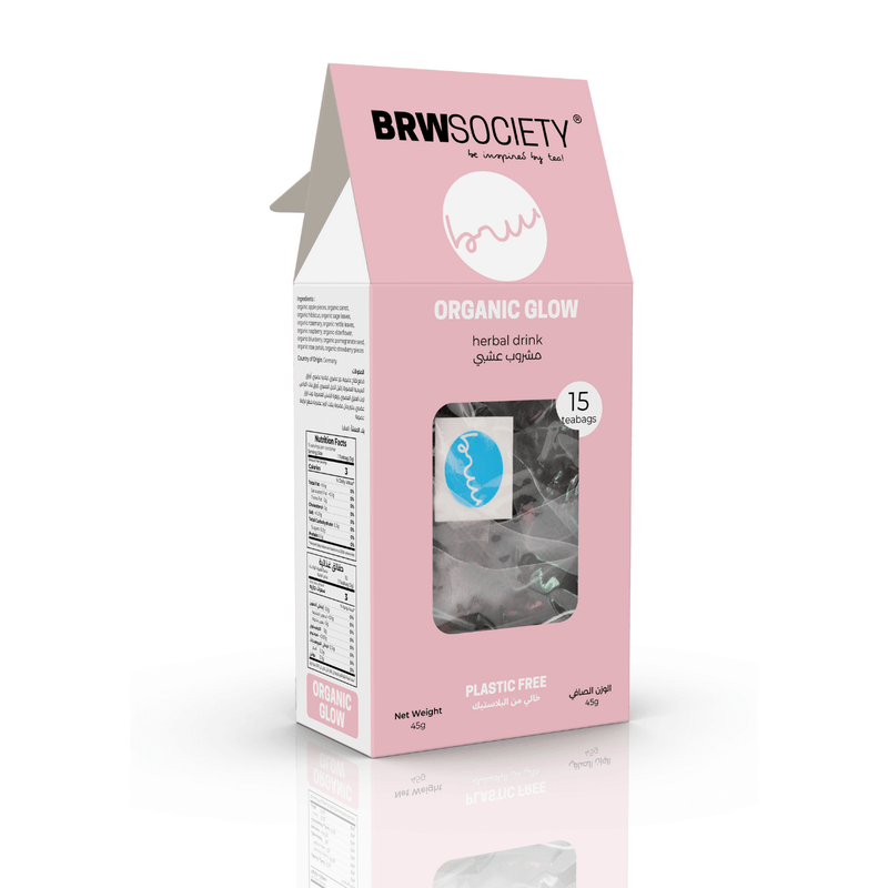 Organic Glow herbal tea, packed with antioxidants to hydrate and promote glowing skin, the best complexion tea for healthy skin.