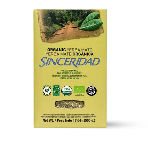 Sinceridad Organic Yerba Mate 500g loose leaf herbal tea with stems in USDA Organic certified retail box from Argentina.