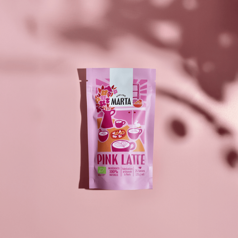 Organic Pink Latte package showcasing organic ingredients and vibrant design by Atelier Marta.