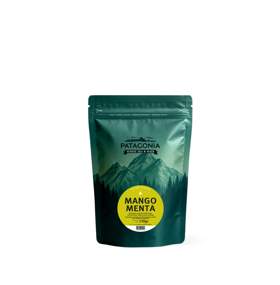 Patagonia Menta Mango Yerba Mate packaging featuring vibrant colors and mountain design, promoting refreshing yerba mate.