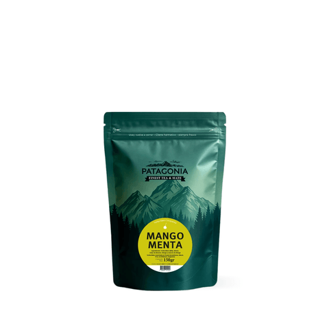 Patagonia Menta Mango Yerba Mate packaging featuring vibrant colors and mountain design, promoting refreshing yerba mate.
