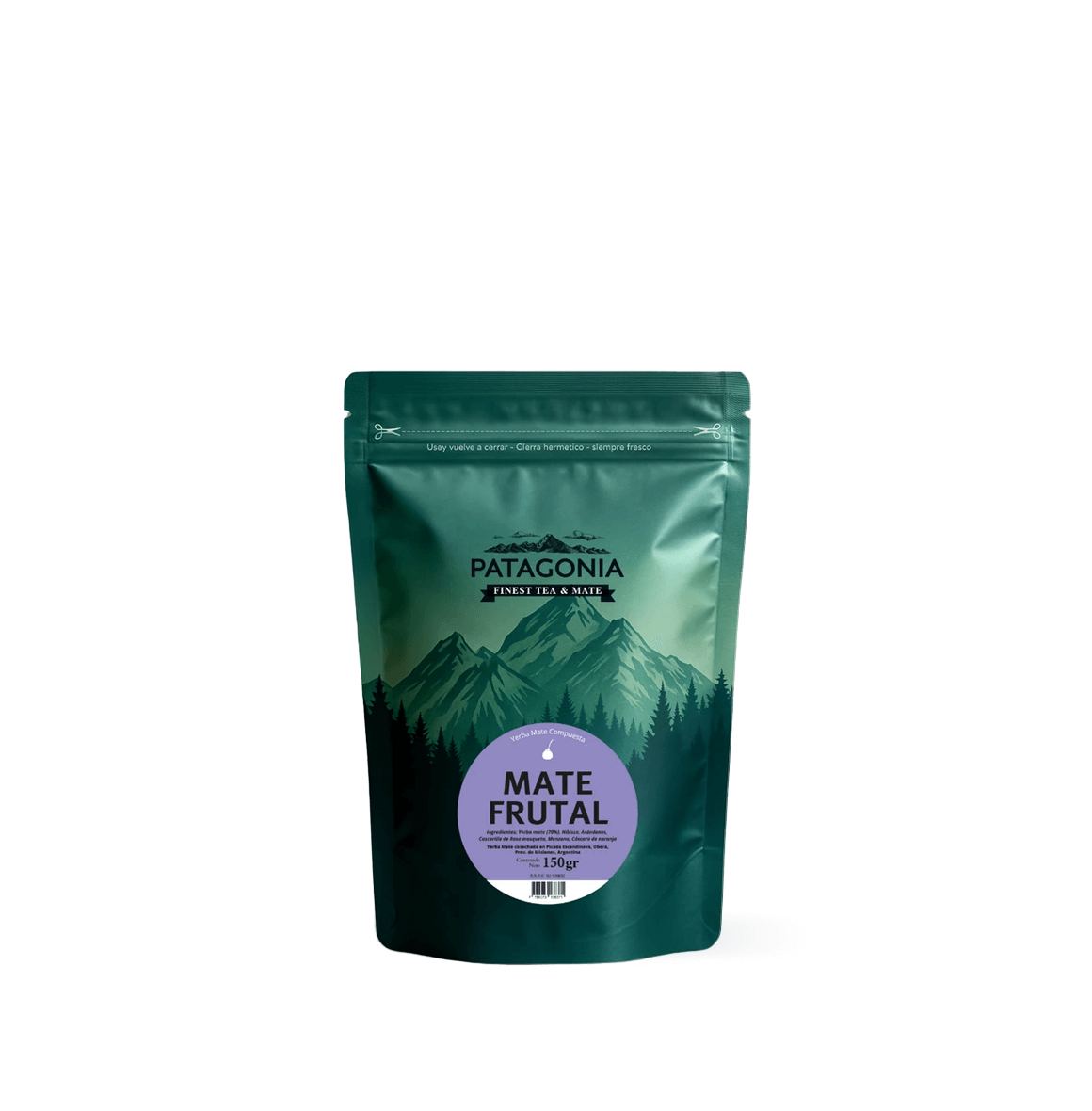 Fruity Yerba Mate package from Patagonia featuring vibrant mountain design and fruity aromas.