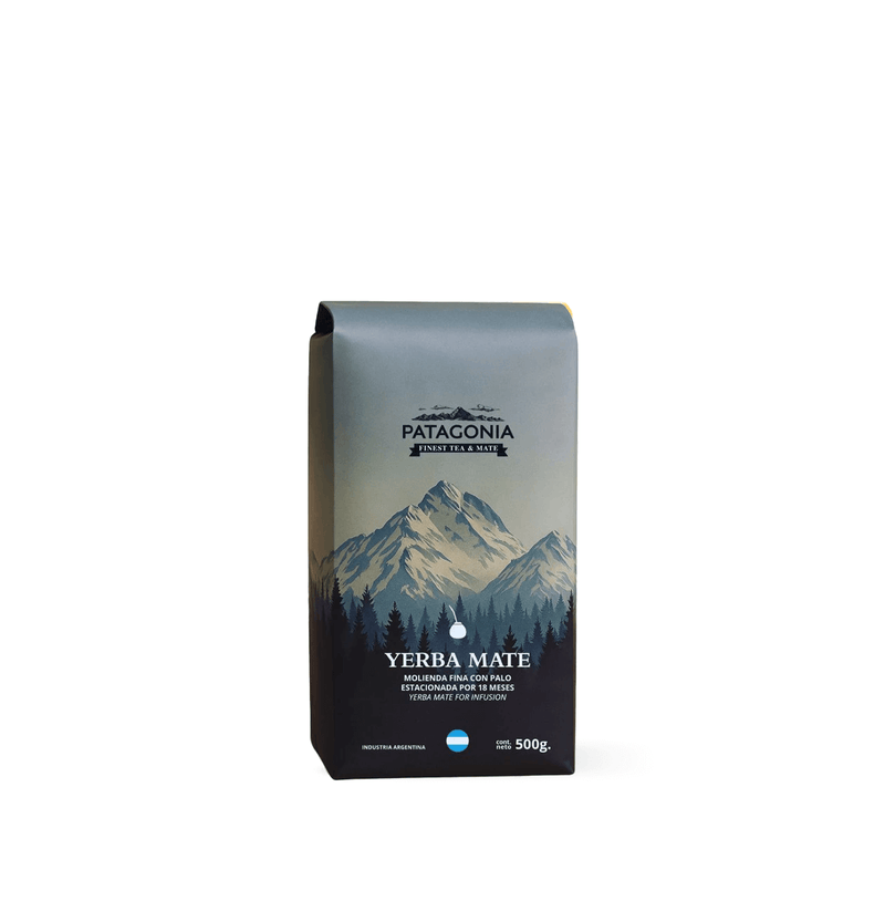Traditional Yerba Mate packaging featuring Patagonia branding and mountainous design, showcasing premium UAE argentina blend.