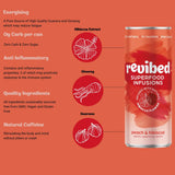 Revibed Hibiscus & Peach Superfood Infusion can with ingredients and health benefits description.