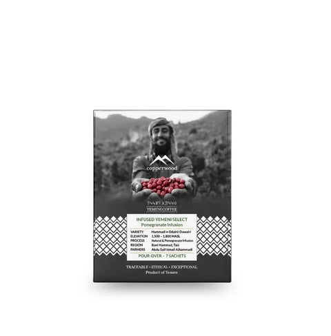 pomegranate infused Yemeni coffee drip bag by Copperwood, infused Yemeni select pour-over sachets from Yemen