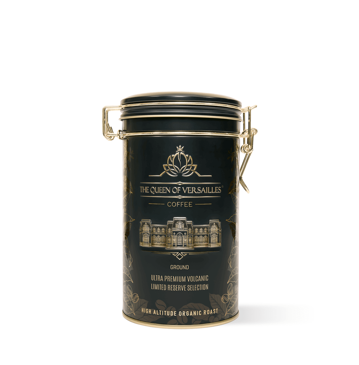 Ultra Premium Volcanic Limited Reserve Espresso can from Queen of Versailles Coffee, featuring organic 100% Arabica grounds.