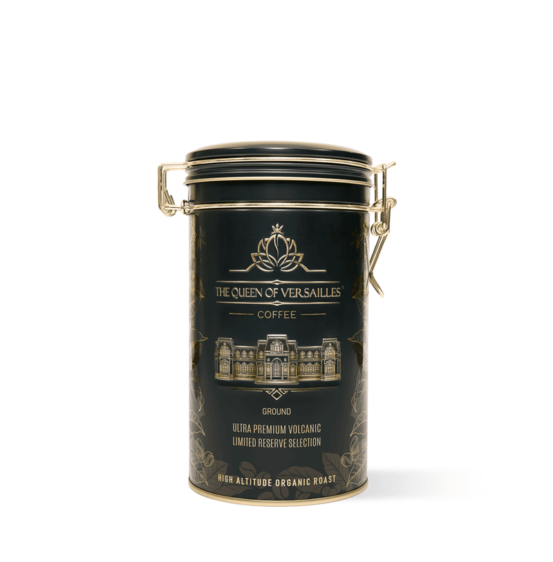 Ultra Premium Volcanic Limited Reserve Espresso can from Queen of Versailles Coffee, featuring organic 100% Arabica grounds.