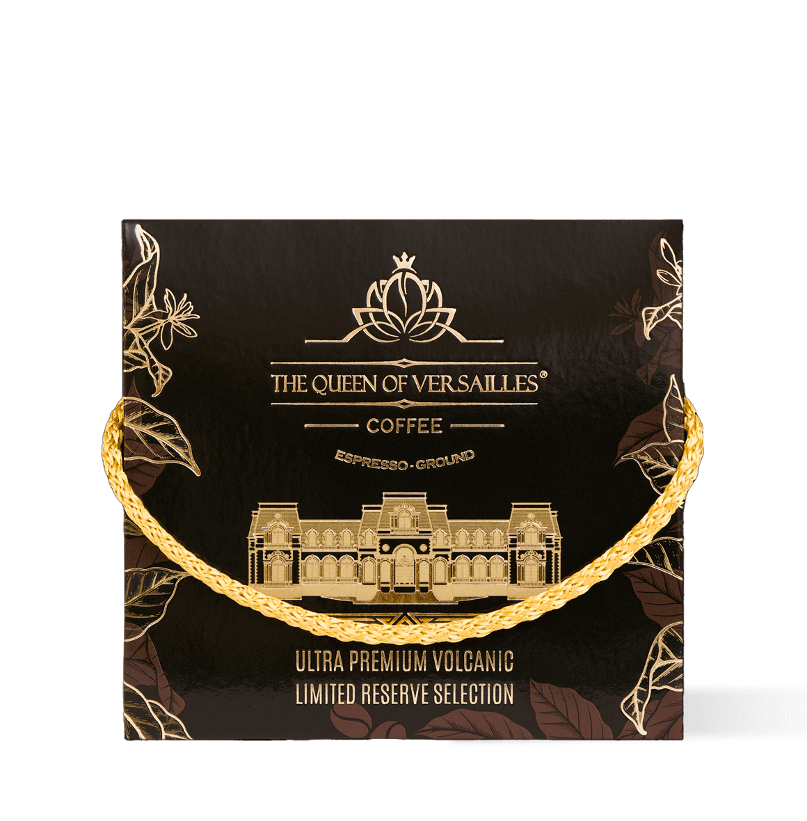 Ultra premium volcanic espresso ground coffee packaging with elegant design and golden handle.