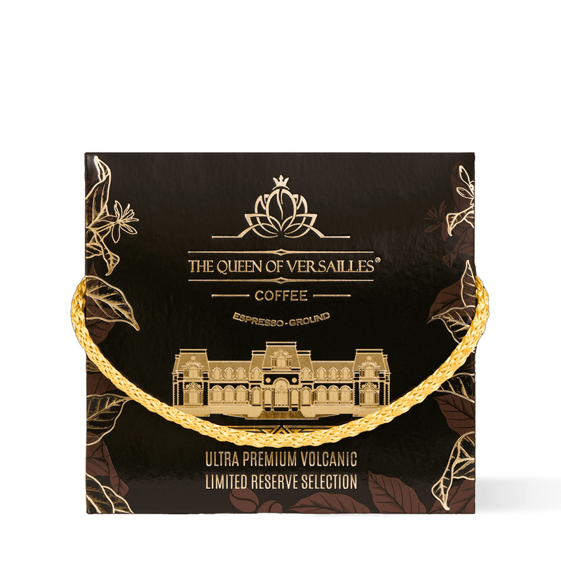 Ultra premium volcanic espresso ground coffee packaging with elegant design and golden handle.