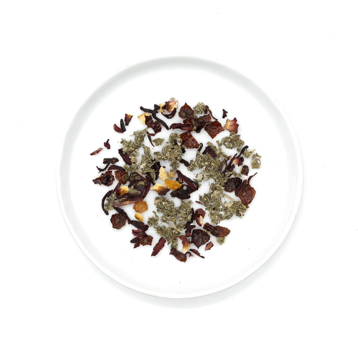 Tart pink herbal tea blend with hibiscus, rose hip, and raspberry leaf, offering a vibrant pink hue, floral aromas, and citrusy finish.