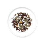 Tart pink herbal tea blend with hibiscus, rose hip, and raspberry leaf, offering a vibrant pink hue, floral aromas, and citrusy finish.