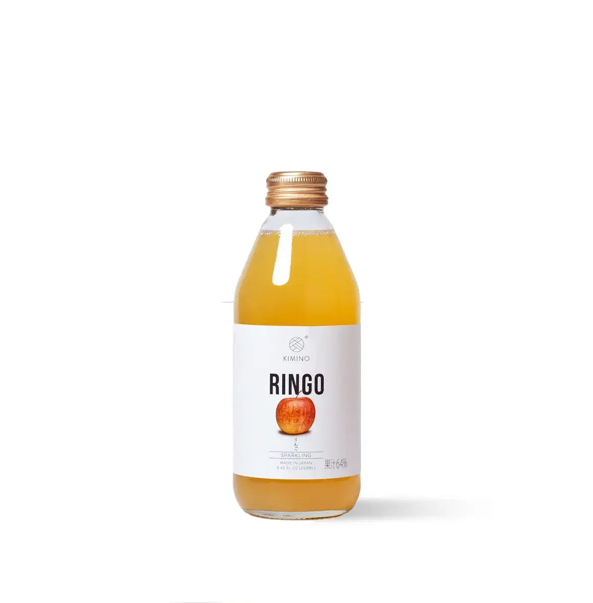 Bottle of Ringo Sparkling Juice made with Fuji apples from Aomori, Japan, featuring crisp natural flavor and no added sugars.