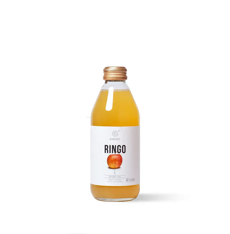 Bottle of Ringo Sparkling Juice made with Fuji apples from Aomori, Japan, featuring crisp natural flavor and no added sugars.