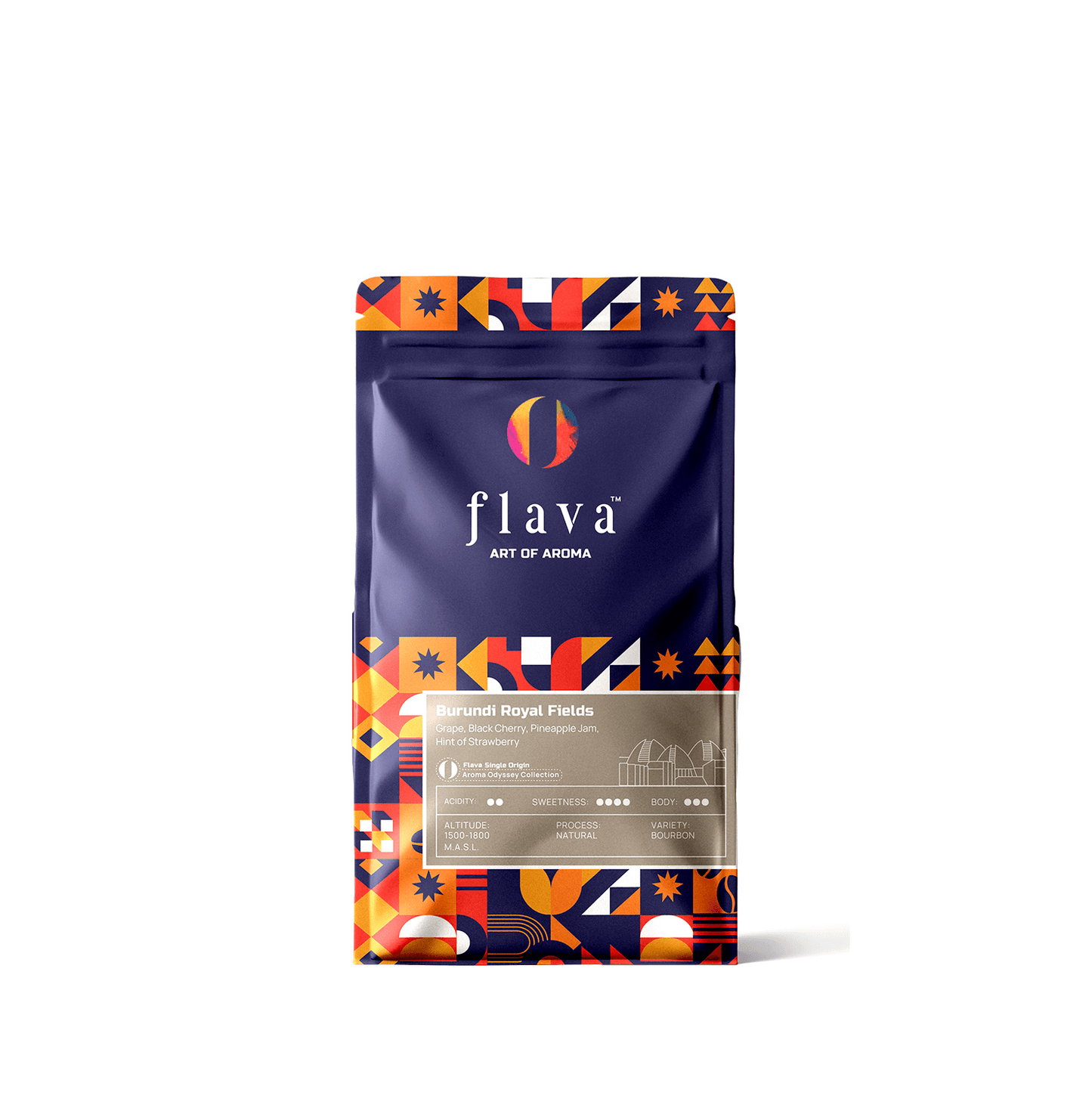 Burundi Royal Fields Single Origin Coffee package from Flava showcasing a vibrant design.
