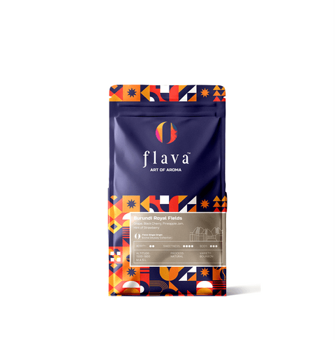Burundi Royal Fields Single Origin Coffee package from Flava showcasing a vibrant design.