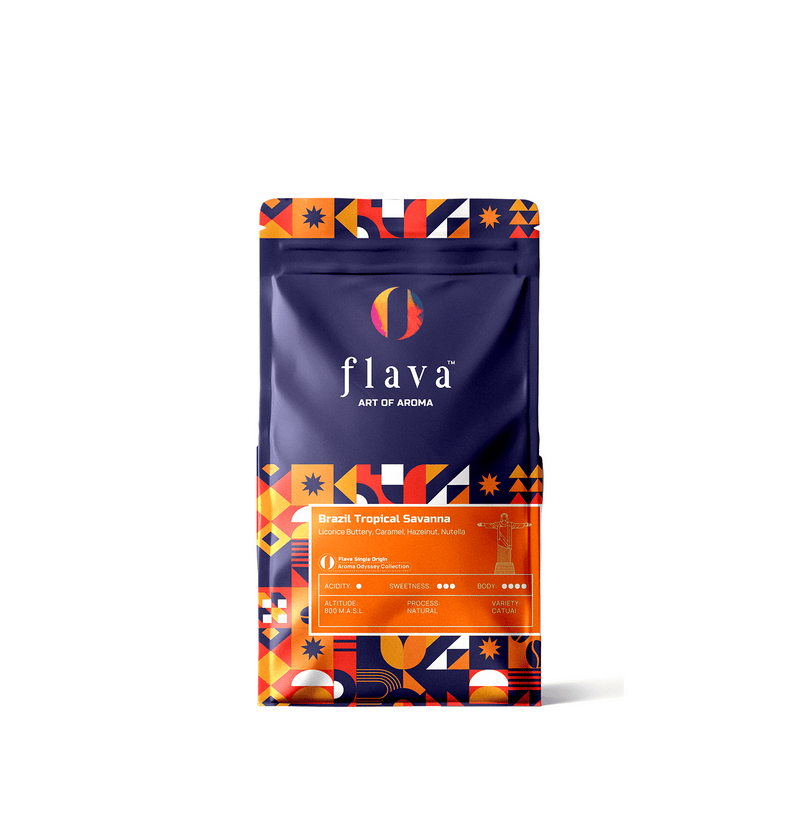 Brazil Tropical Savanna Single Origin Coffee in vibrant packaging by Flava Coffee