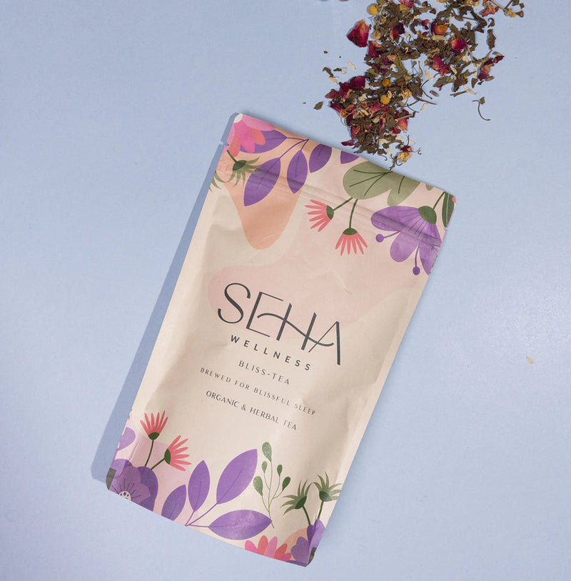 SEHA Wellness Bliss-Tea with Chamomile, Lavender, Tulsi, and Rose Petals for restful sleep and relaxation.