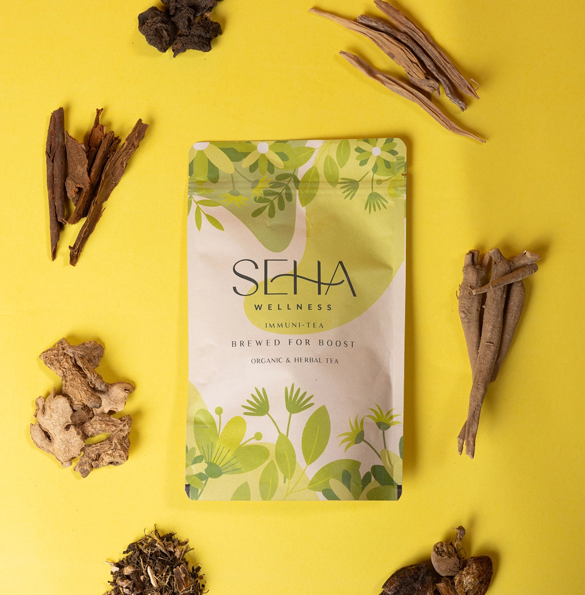 SEHA Wellness Immuni-Tea herbal blend with Amla, Giloy, and Tulsi for immunity boost, stress relief, and daily wellness.