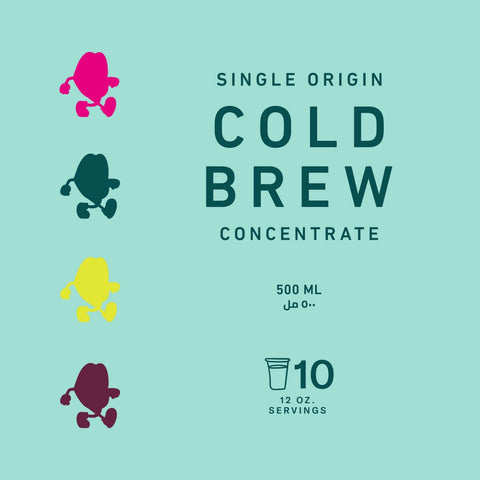 Single origin Cold Brew concentrate 500ml with colorful graphics, perfect for iced or Spanish lattes. Serves 10.