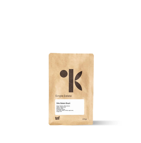 Sitio Balaio by TAF Coffee – Brazilian Yellow Catuai with peach, vanilla, sugar cane, nougat, and lime notes in a clean, balanced cup.