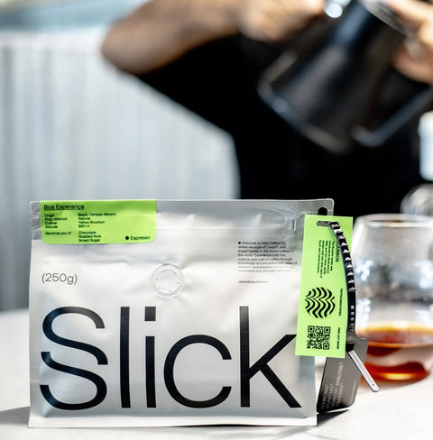 Pack of Slick Coffee Co. Boa Esperança Espresso Roast – Brazilian Bourbon coffee with chocolate, nutty, and caramel flavor notes.