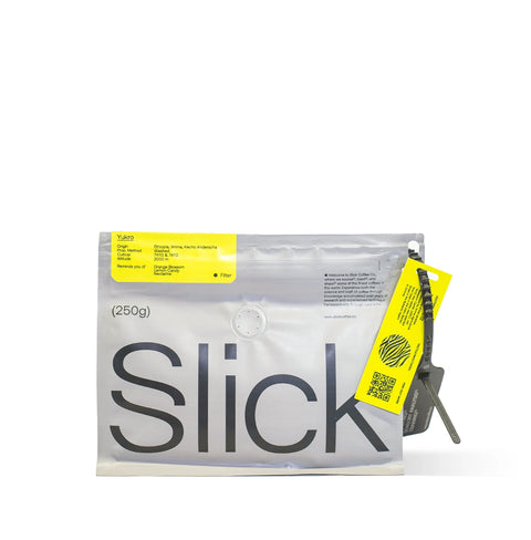 Pack of Slick Coffee Co. Yukro – washed Ethiopian filter coffee with notes of orange blossom, lemon candy, and nectarine.