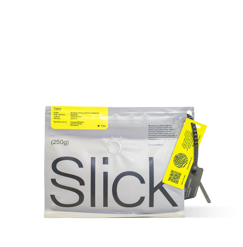 Pack of Slick Coffee Co. Yukro – washed Ethiopian filter coffee with notes of orange blossom, lemon candy, and nectarine.