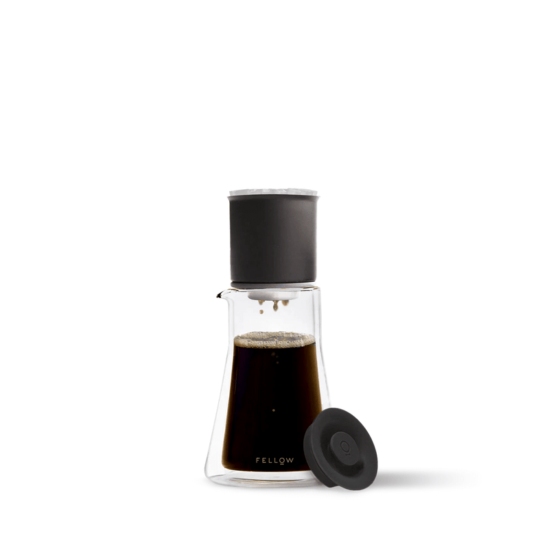 FELLOW Stagg [XF] Pour-Over Set with flat-bottom dripper, no-clog design, double-wall glass carafe, and ratio aid for precise, consistent brewing.