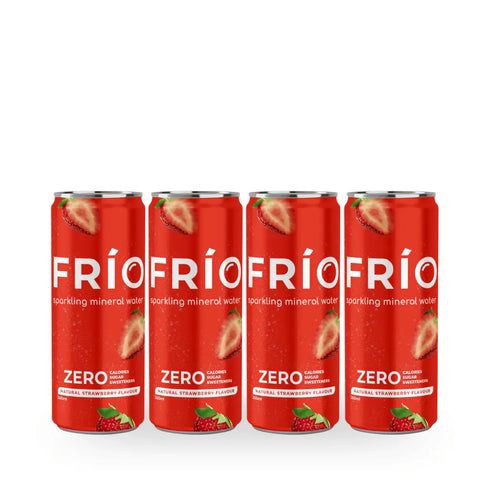 Four red FRíO Zero sparkling mineral water cans with strawberry graphics, arranged in a row on a white background.
