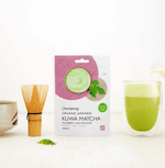 Organic Japanese Kuwa Matcha mulberry leaf powder package with matcha whisk and tea cup on a light background.