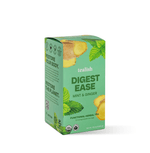 Organic Digest Ease herbal tea with peppermint, ginger, chamomile, and rooibos—soothing, refreshing, and crafted to support digestion and restore gut balance.