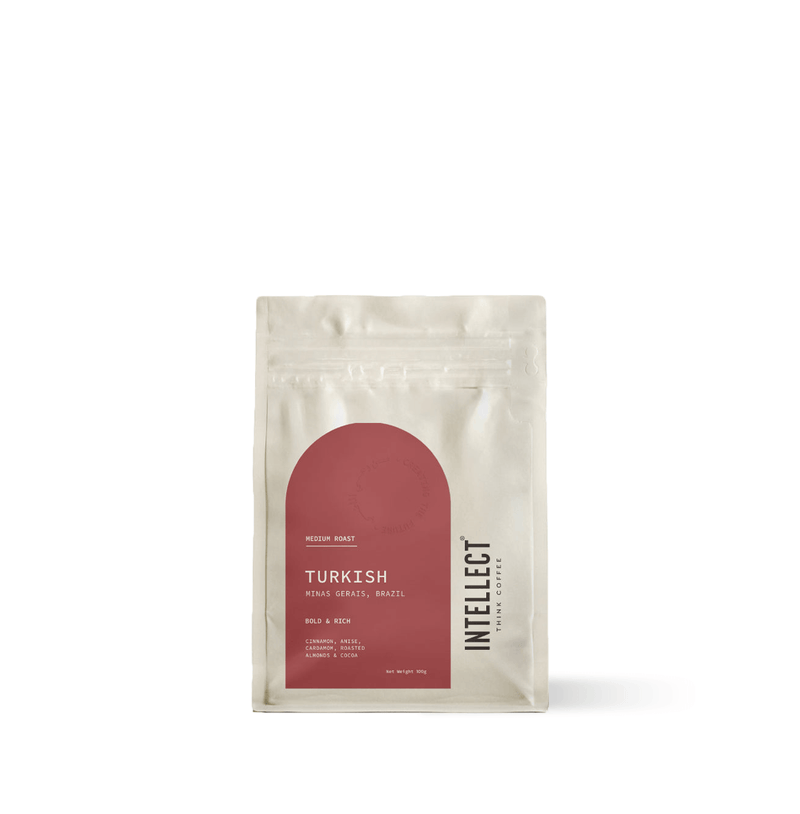 Turkish Inspired Ground Coffee packaging showcasing Intellect Coffee's Turkish roast.