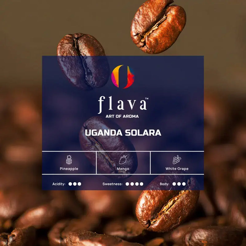 Close-up of coffee beans with Uganda Solara Single Origin Coffee branding, featuring tropical flavors and medium roast details.