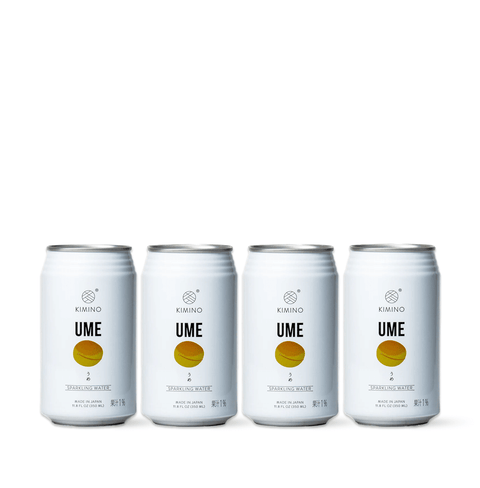 Cans of Kimino Ume Sparkling Water with Japanese plum flavor, made with hand-picked Ume and mountain spring water.