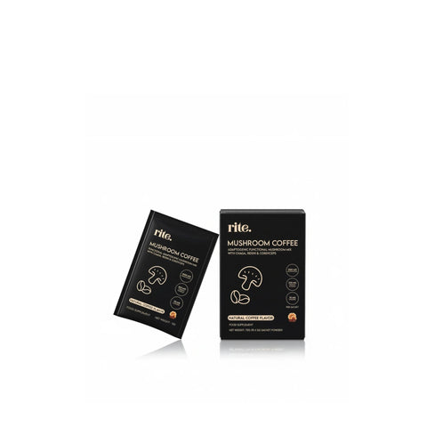 Two black boxes of rite mushroom coffee on a white background