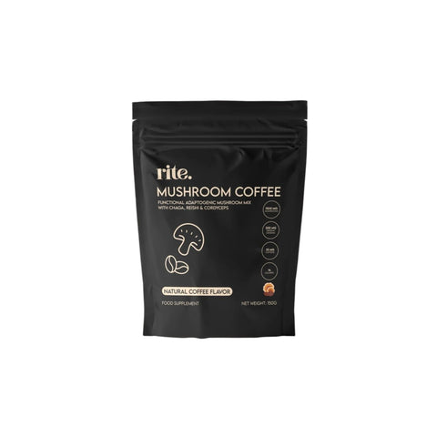 Black package of rite. mushroom coffee on a white background