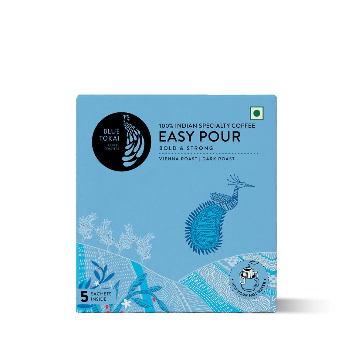 Pack of Blue Tokai Vienna Easy Pour on a table, It is a smooth dark roast coffee pack with oaky, cocoa notes and bold, heavy-bodied flavor.