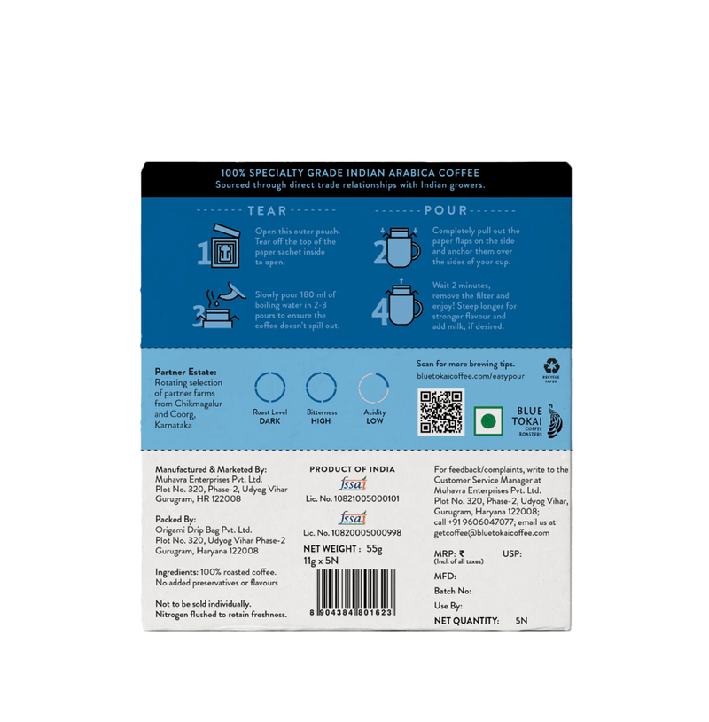 Pack of Blue Tokai Vienna Easy Pour on a table, It is a smooth dark roast coffee pack with oaky, cocoa notes and bold, heavy-bodied flavor.
