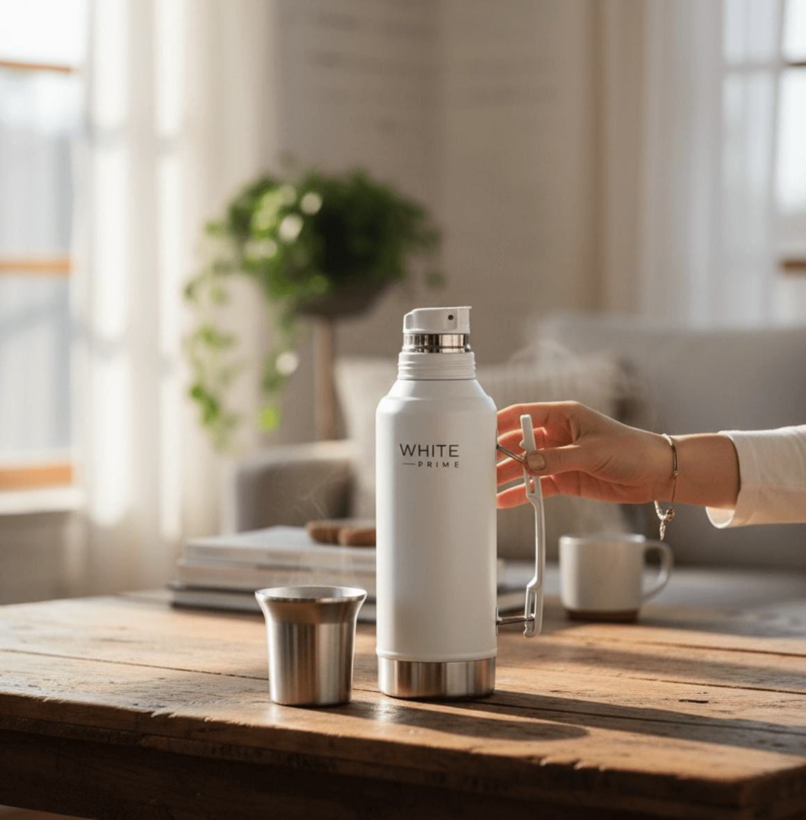 Mate System (1.2 L Thermos) by White Prime on a table with a cup, ideal for yerba mate lovers.