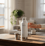 Mate System (1.2 L Thermos) by White Prime on a table with a cup, ideal for yerba mate lovers.