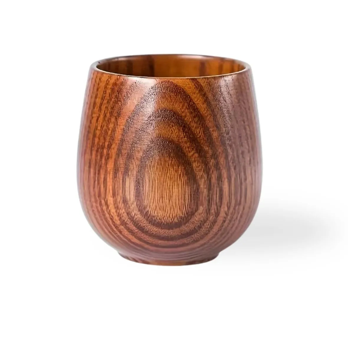 Handcrafted natural wooden tea cup with a smooth polished finish and elegant Japanese-inspired rounded design on a white background.