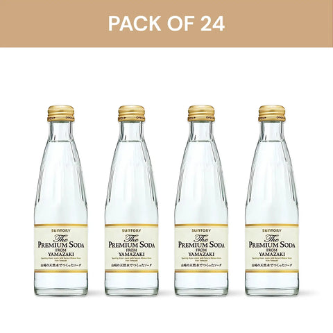 Four bottles of Suntory The Premium Soda Yamazaki on a white background with 'Pack of 24' text above.